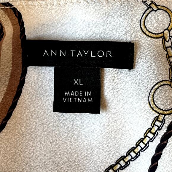 Ann Taylor Tassel Print Shirred Neck Button Front Blouse Womens XL Cream Black - Picture 8 of 10